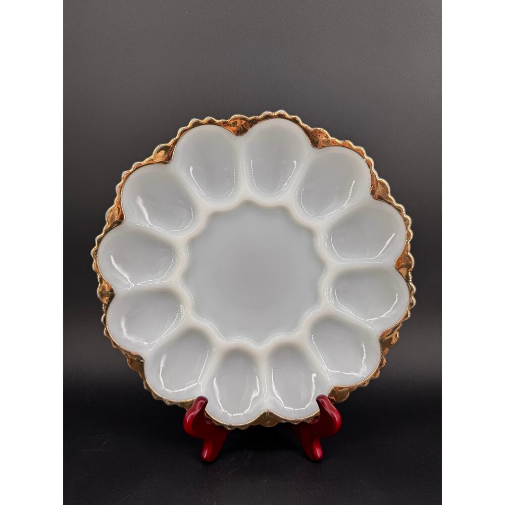 Vintage Anchor Hocking Fire King Milk Glass Deviled Egg Platter Gold Trim Dish